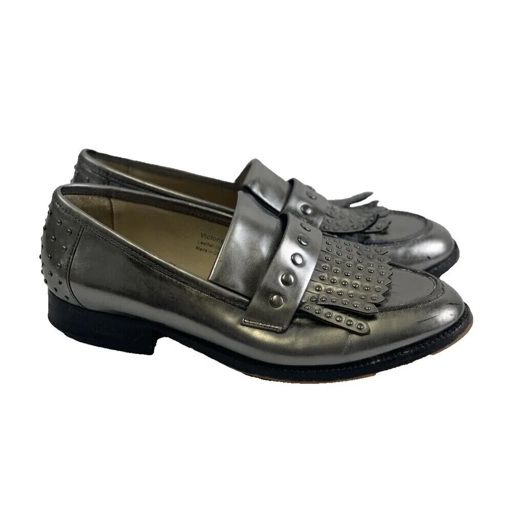 Botkier Victoria Sliver Leather Kiltie Loafer Studded Slip On Low Heel Women 7 M